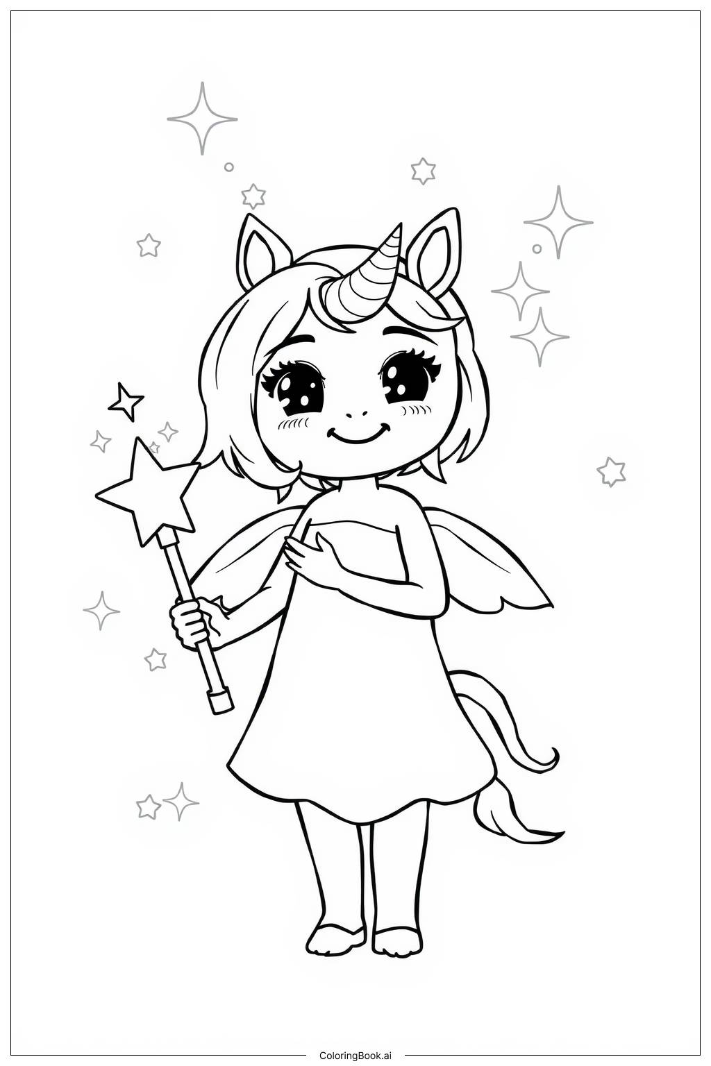  unicorn girl with wings and a magical staff Coloring Page 