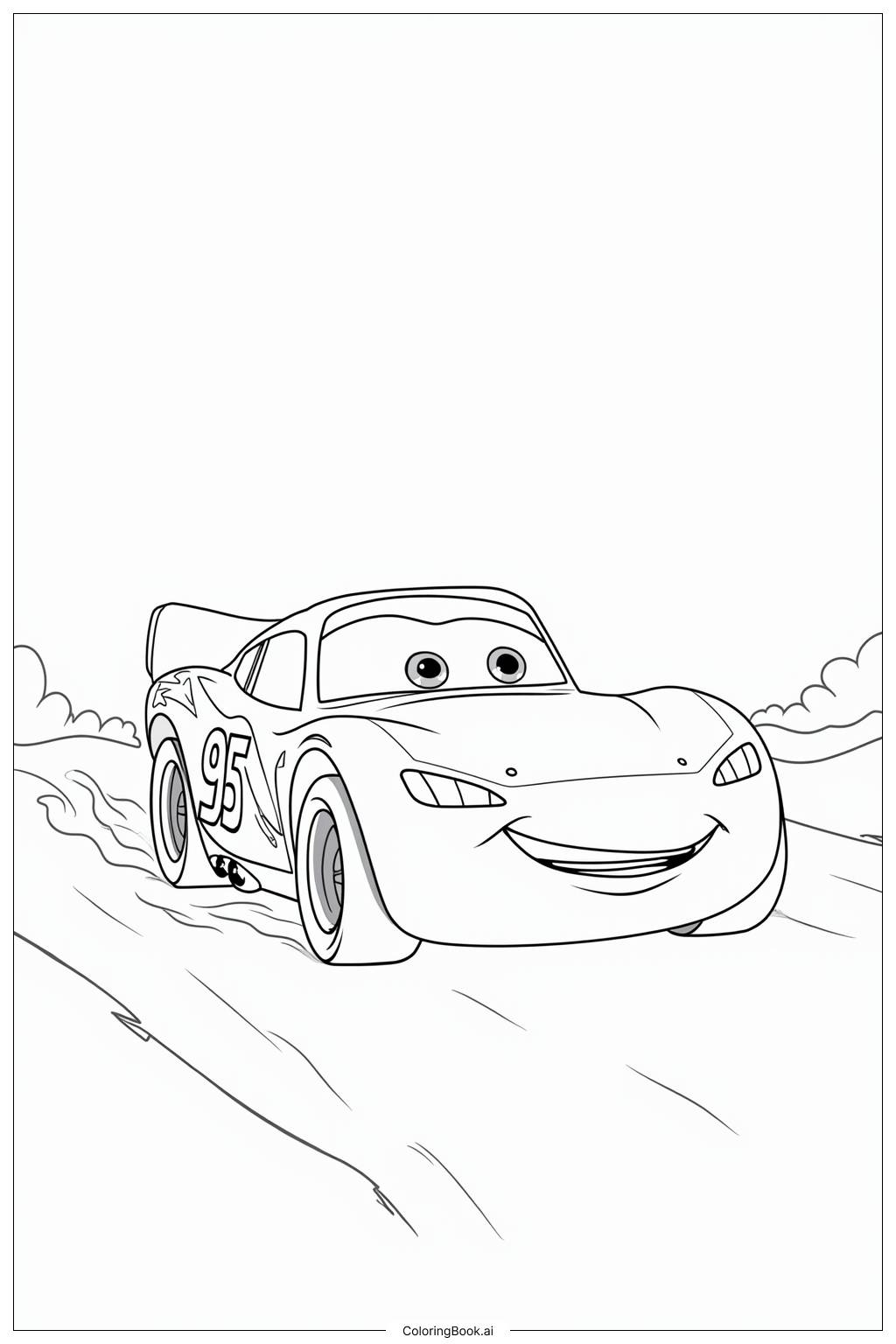  Página para colorear de Rayo McQueen Enfrentando una Carrera Tormentosa 