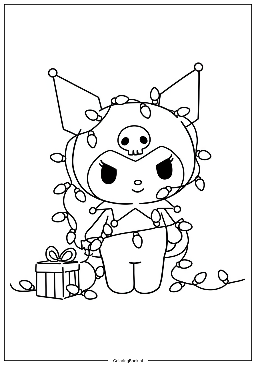  Page de coloriage Kuromi Entourée de Lumières de Noël 