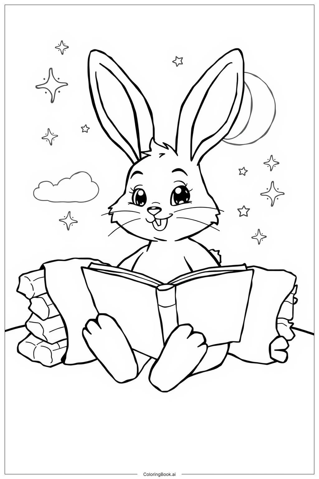  Page de coloriage Lapin lisant une histoire pour s'endormir 