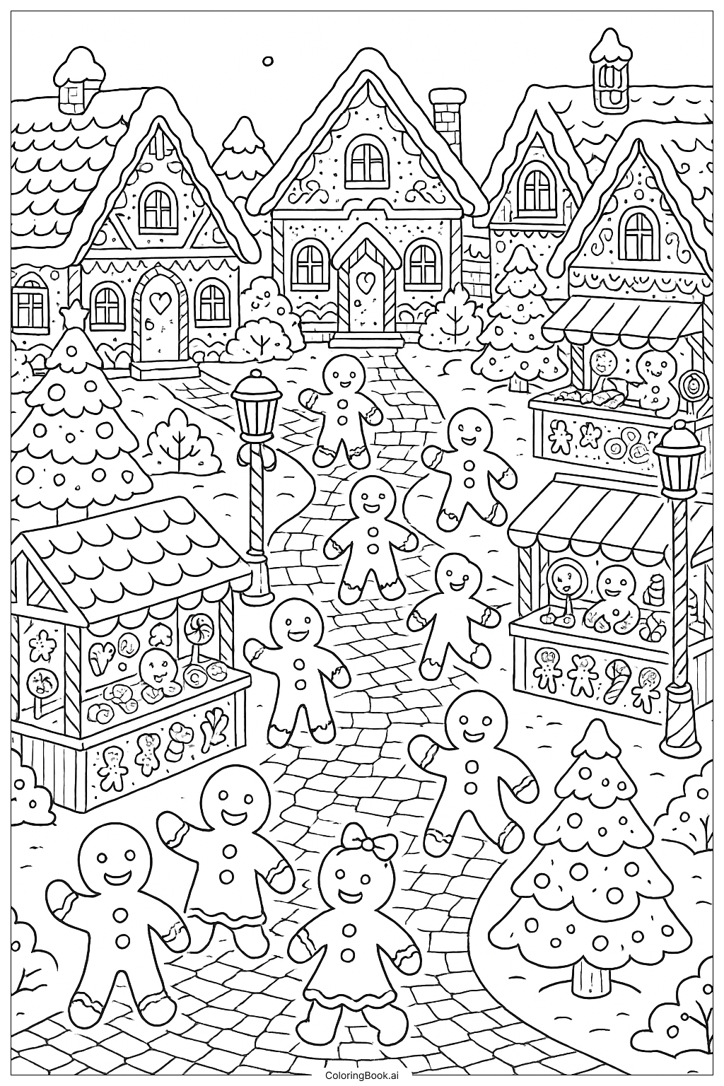  A Bustling Gingerbread House Town Square Coloring Page 