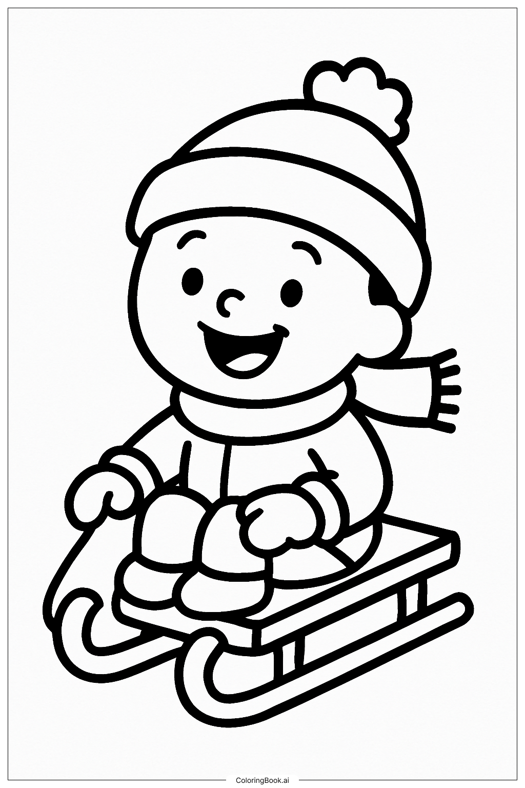  冬のそり遊びの準備完了の塗り絵ページ 