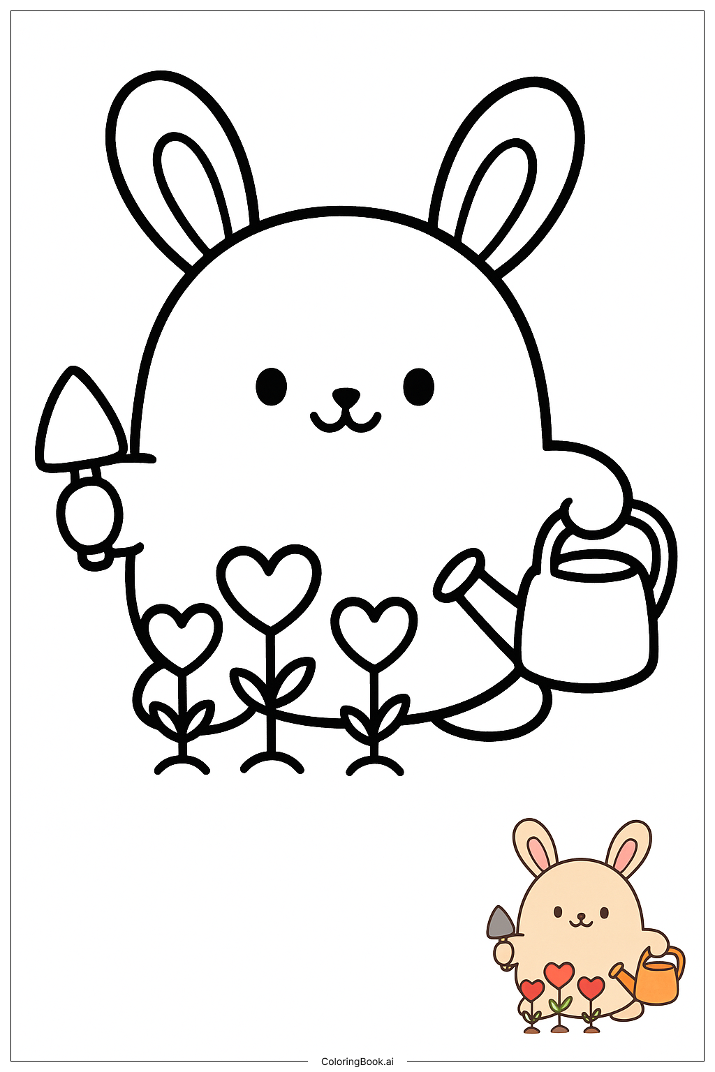  Página para colorear de Conejito Squishmallow Plantando Flores en Forma de Corazón 