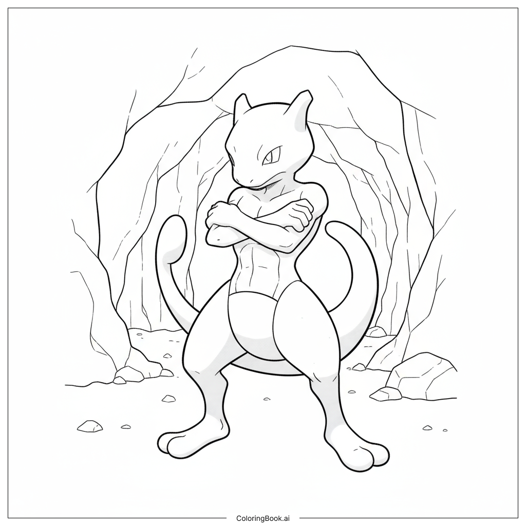 Page de coloriage Mewtwo se tenant fermement dans une grotte rocheuse 