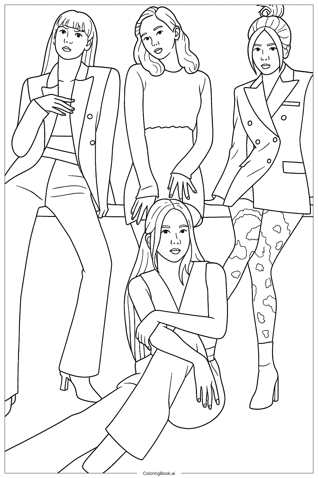  Página para colorir de As Membros do Blackpink Posando com Roupas Formais 