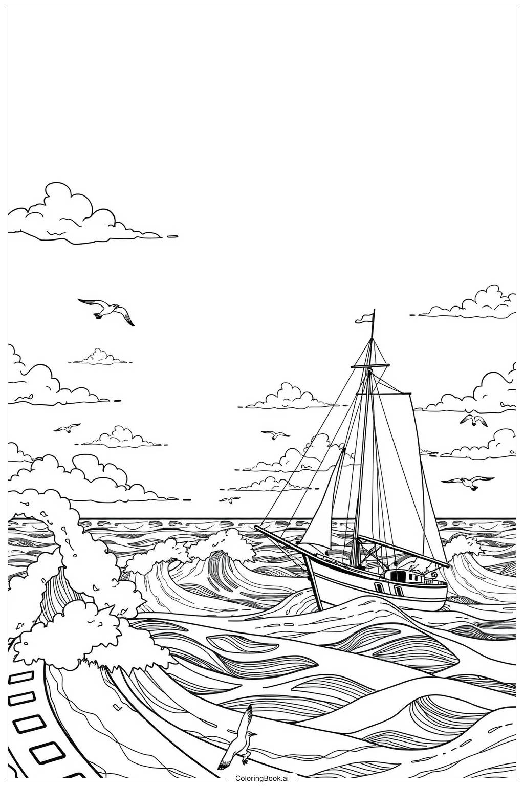  Page de coloriage Bateau à voile dans la mer ouverte 