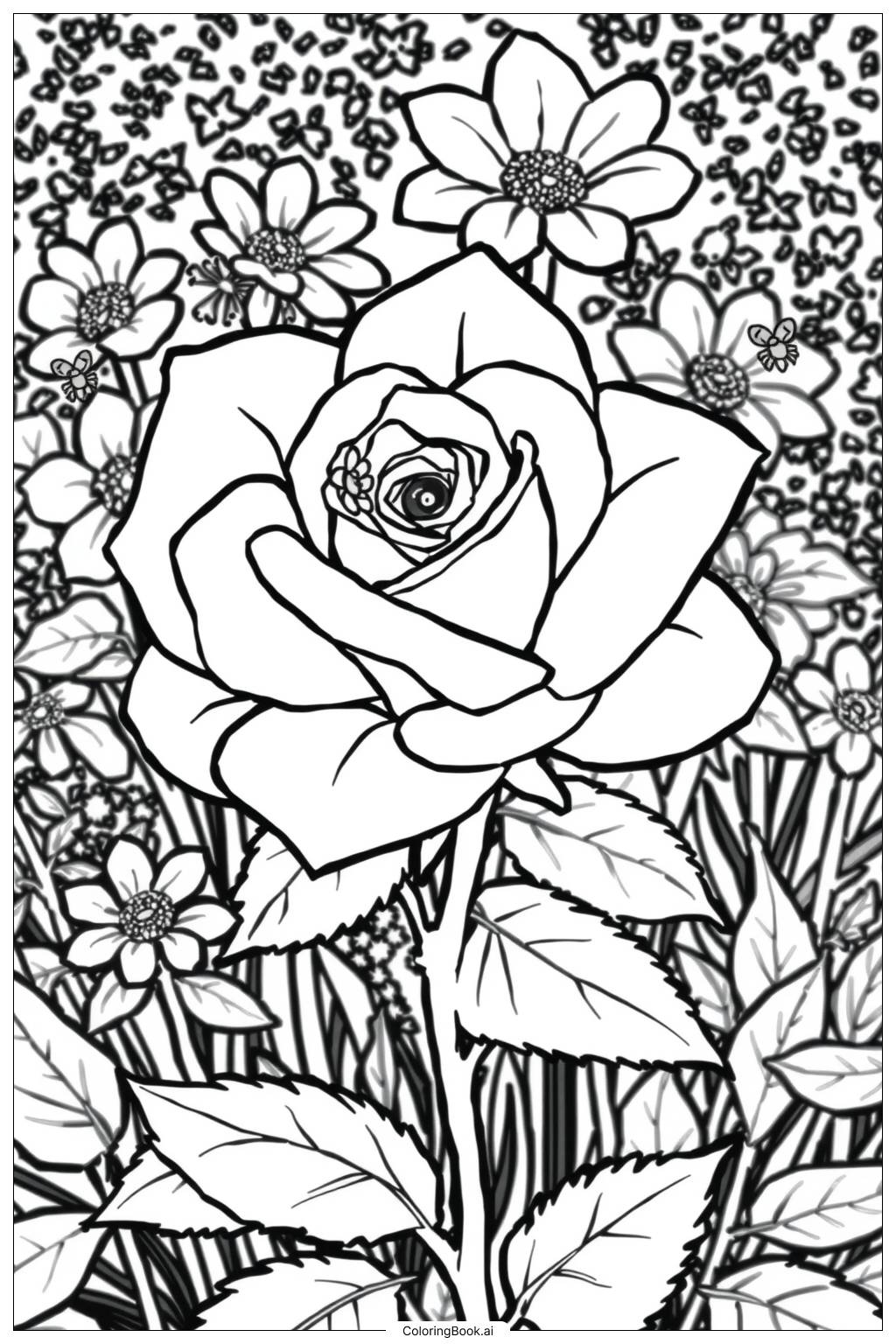  Página para colorear de Rosa Básica en Flor-2 