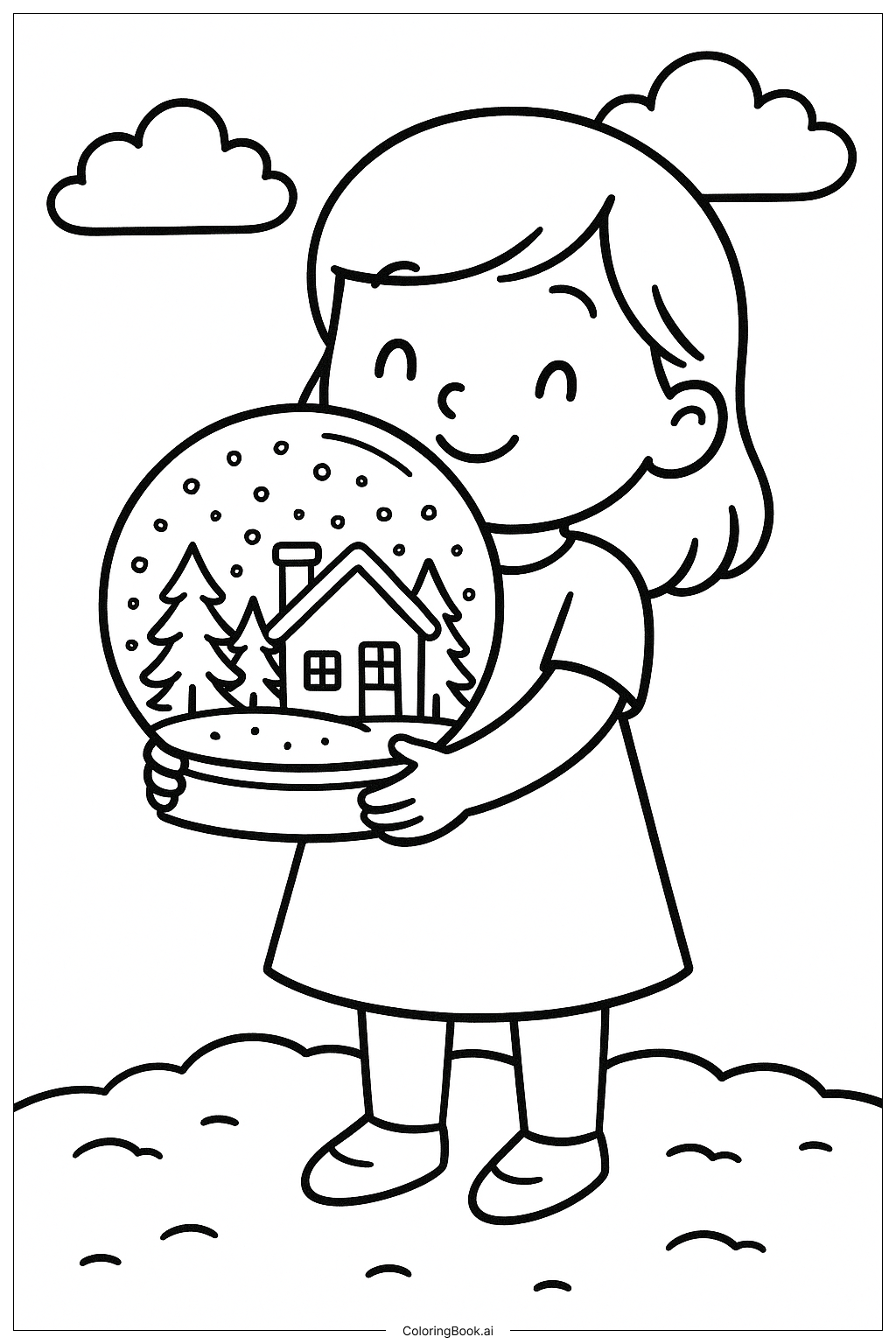 魔法のスノードームを持つ少女の塗り絵ページ