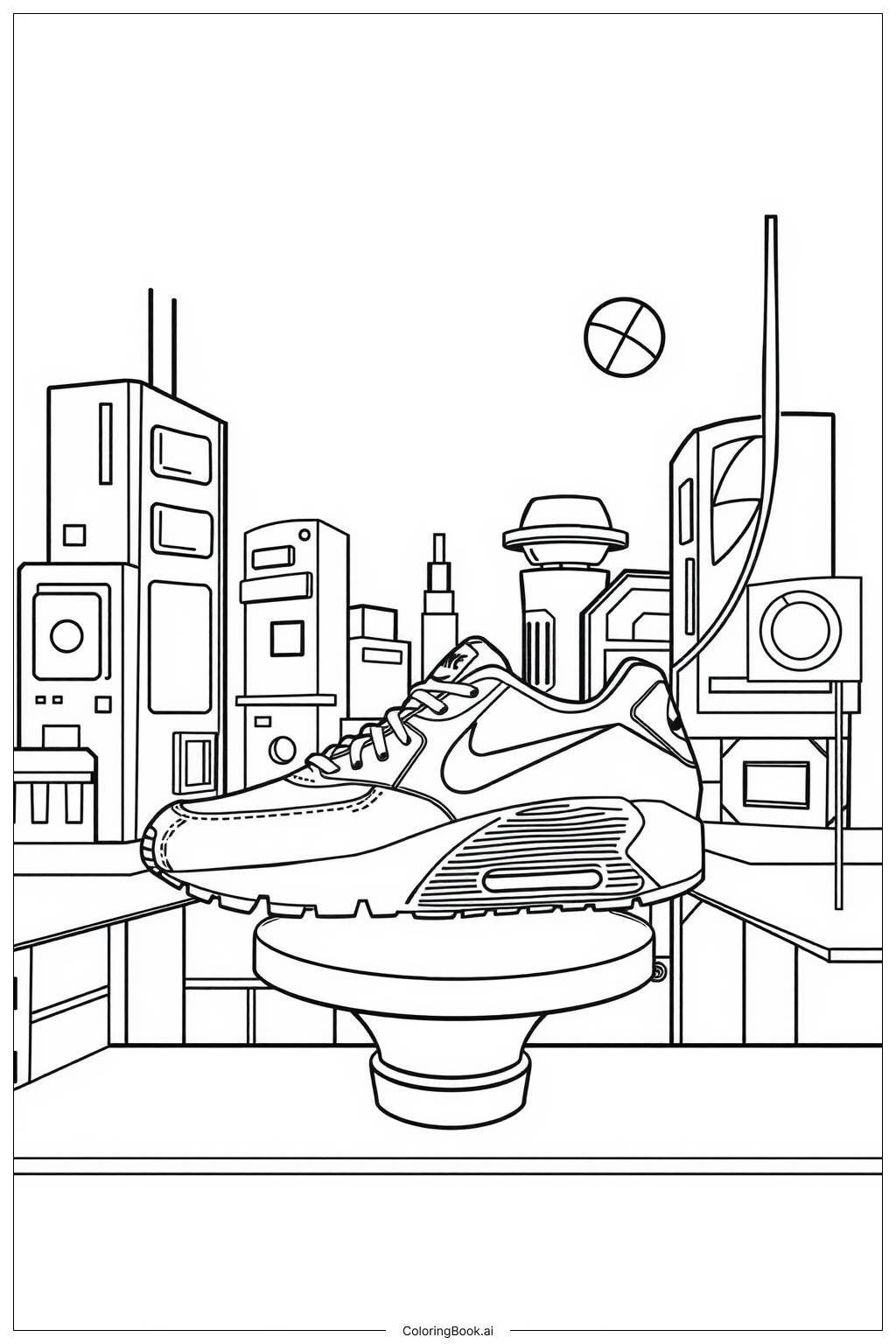  Página para colorir de tênis nike air max em uma paisagem urbana futurista 