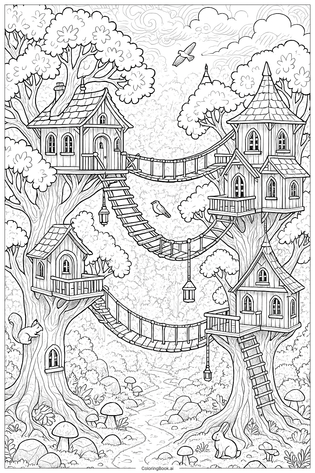 A Tree House Village in the Forest Coloring Page