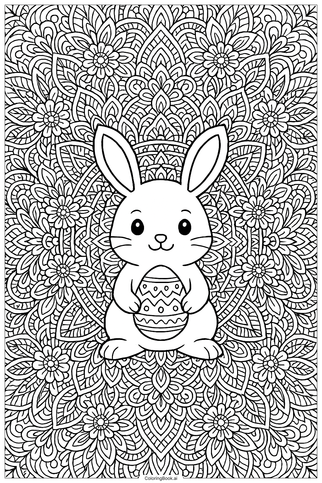 Easter Bunny Inside A Floral Mandala Coloring Page