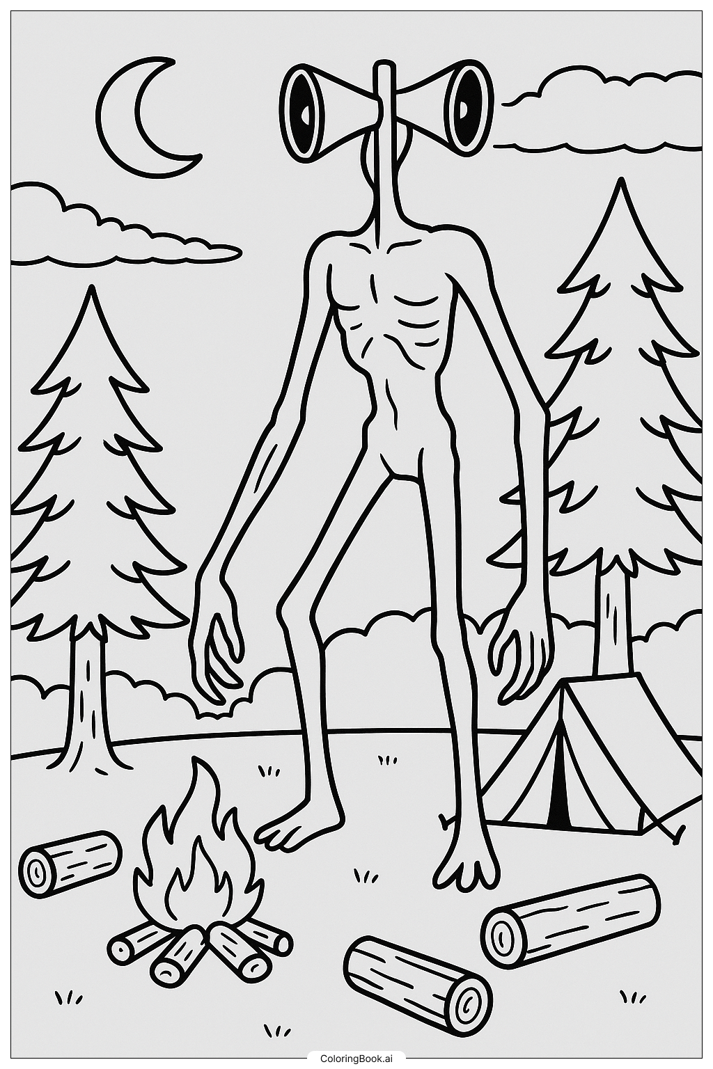  Page de coloriage Siren Head dans un campement inquiétant 