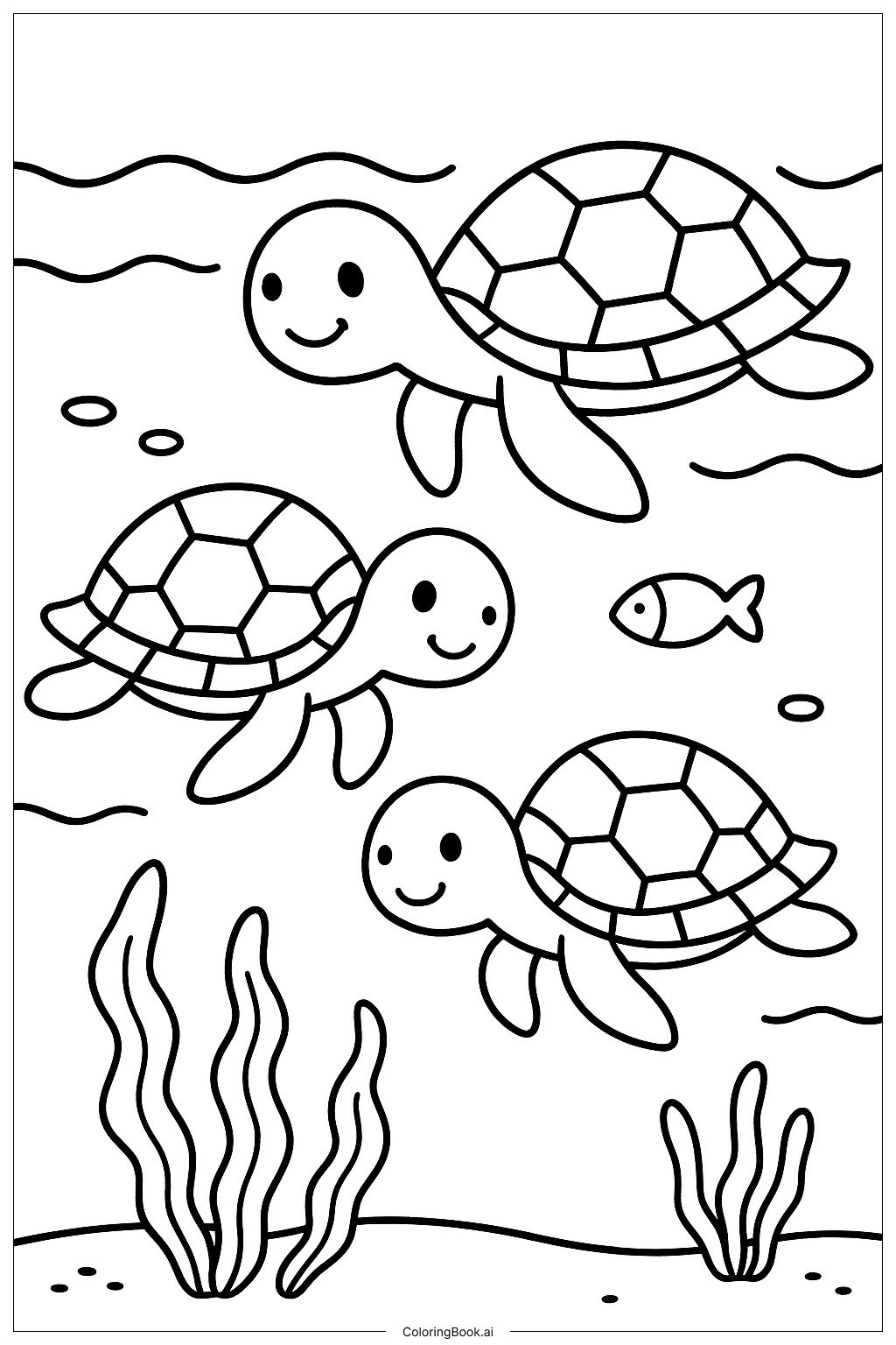  海龟在海洋中游泳填色页 