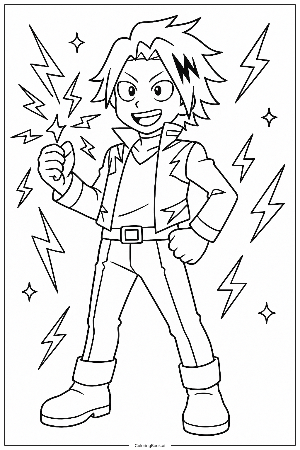  Página para colorear de Denki Kaminari de My Hero Academia descargando electricidad 