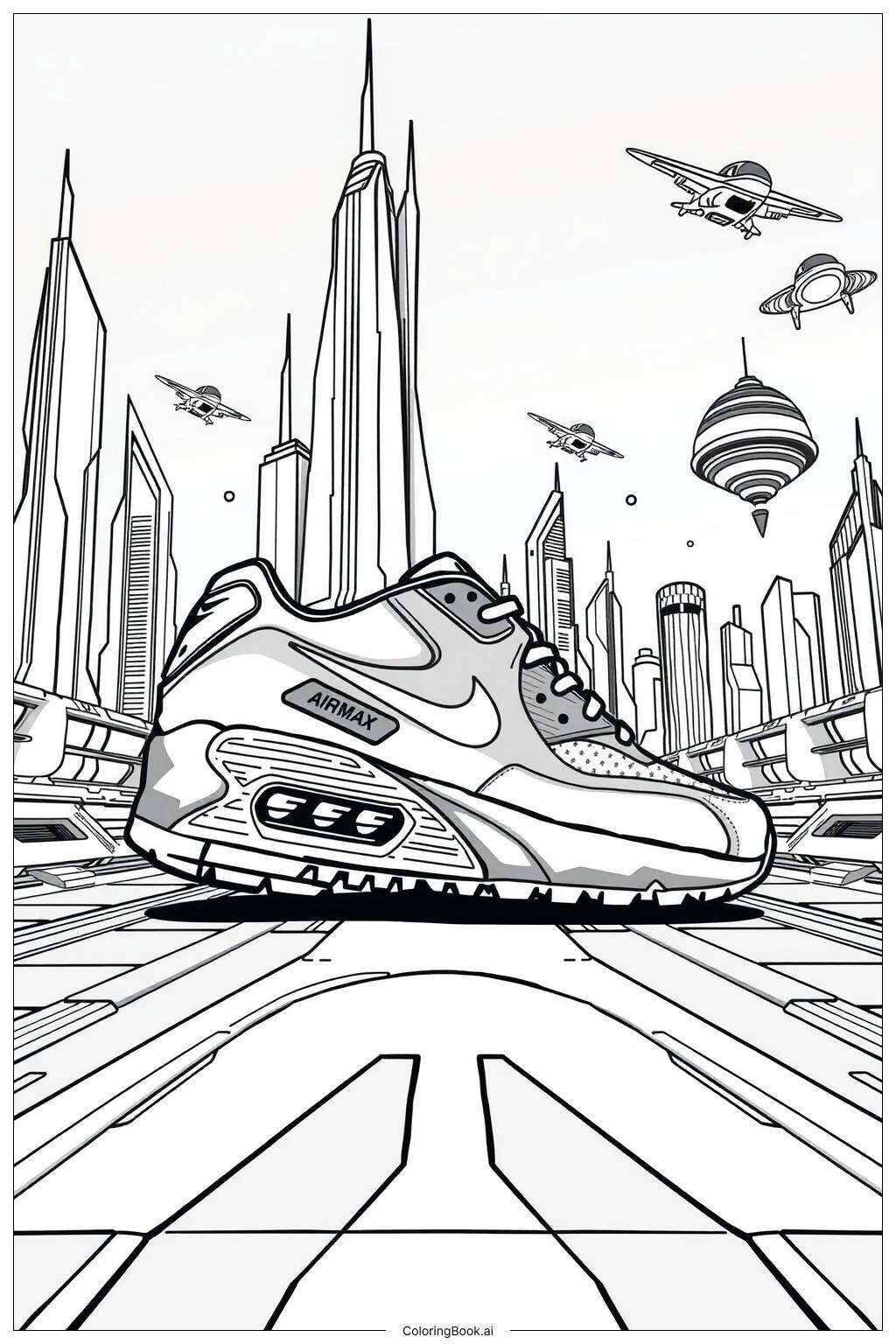  Página para colorir de tênis nike air max em um cenário urbano futurista 