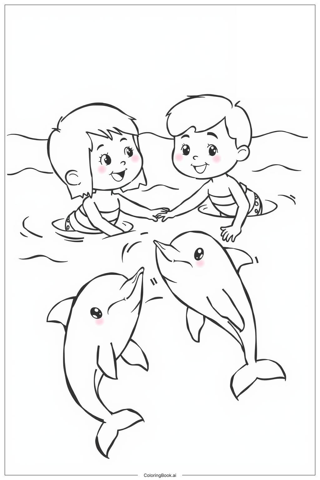  Page de coloriage Enfants nageant avec des dauphins amicaux 