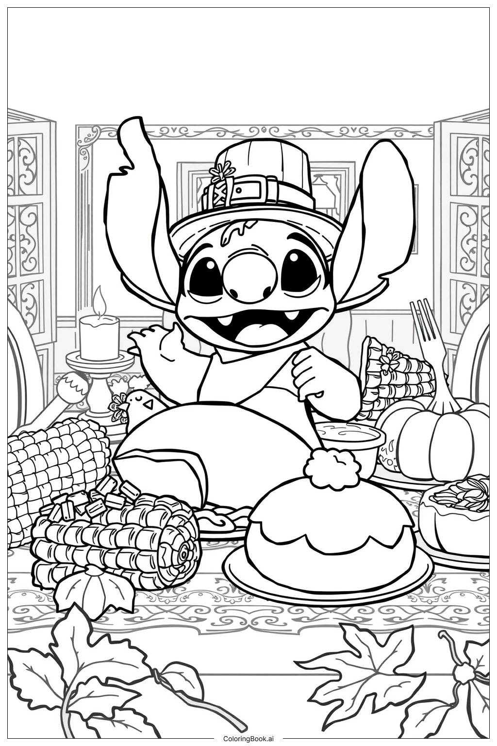  Page de coloriage Stitch Thanksgiving Feast 