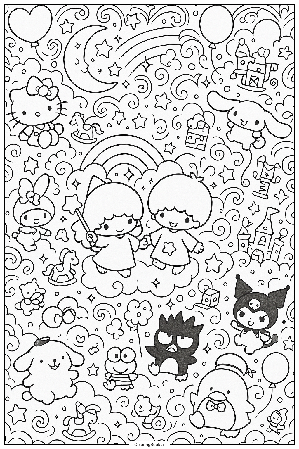  Little Twin Stars And Many Sanrio Friends Together Coloring Page 