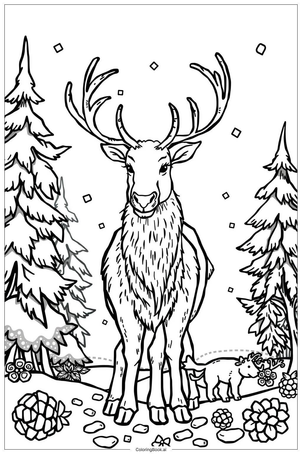  Page de coloriage renne dans la forêt hivernale 