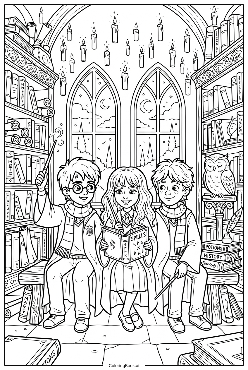 Harry Potter studying with friends in library Coloring Page