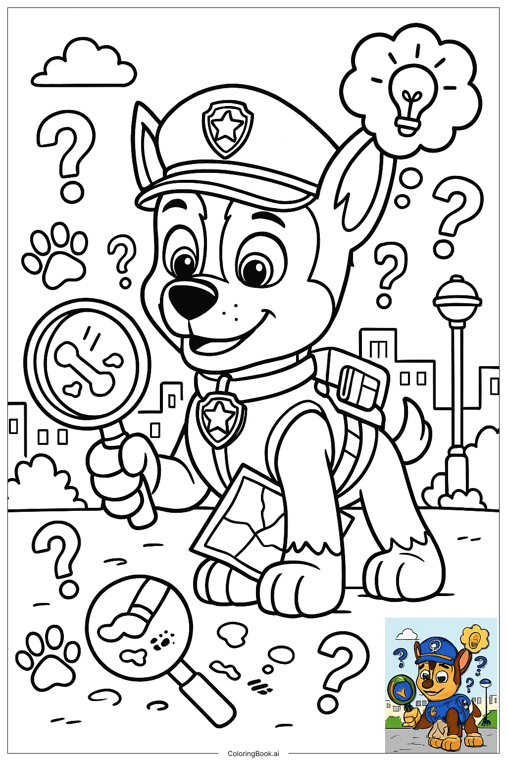  Página para colorir de Paw Patrol Chase Resolvendo Mistério 