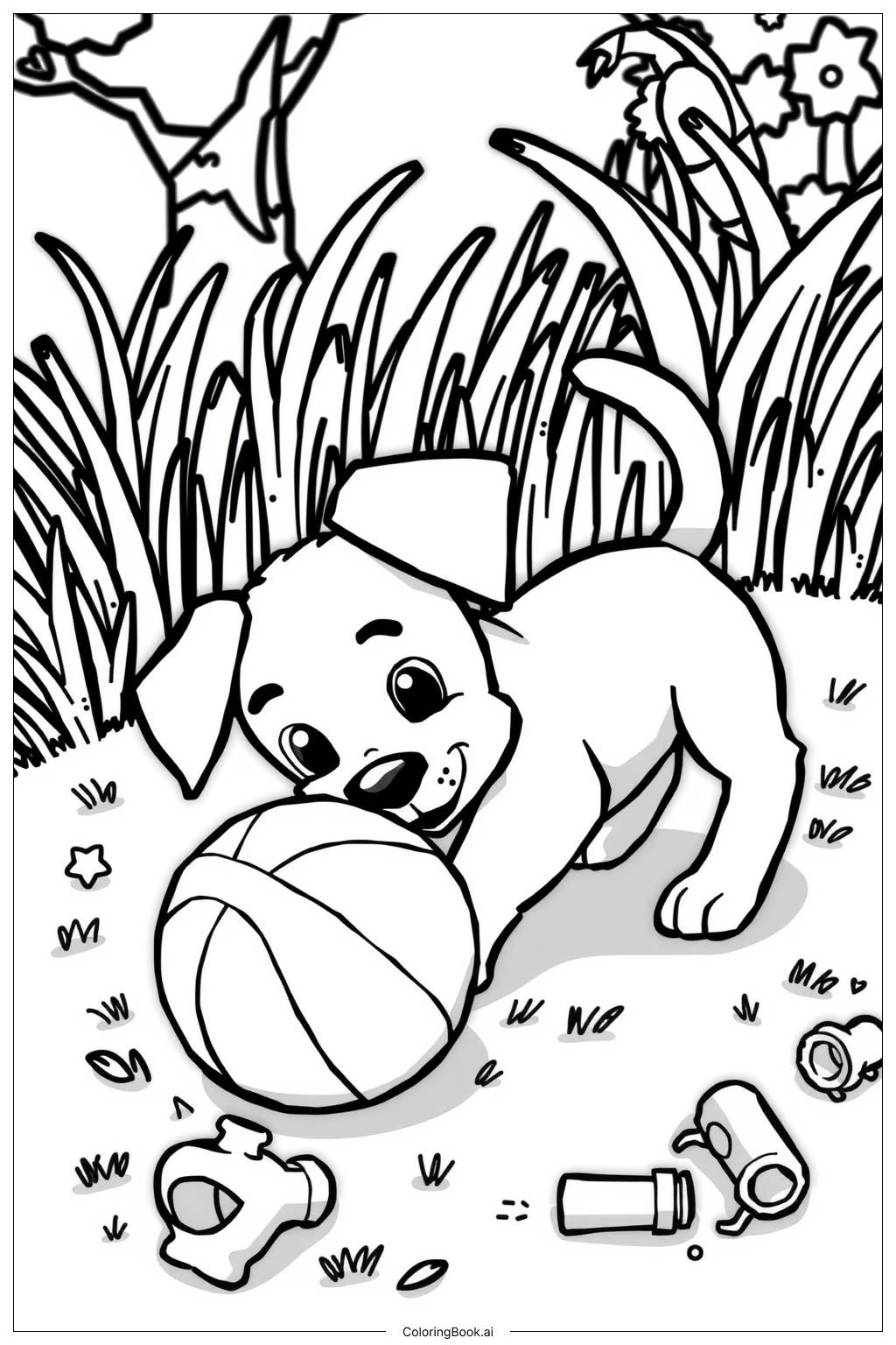  Página para colorear de Cachorro Jugando con una Pelota 