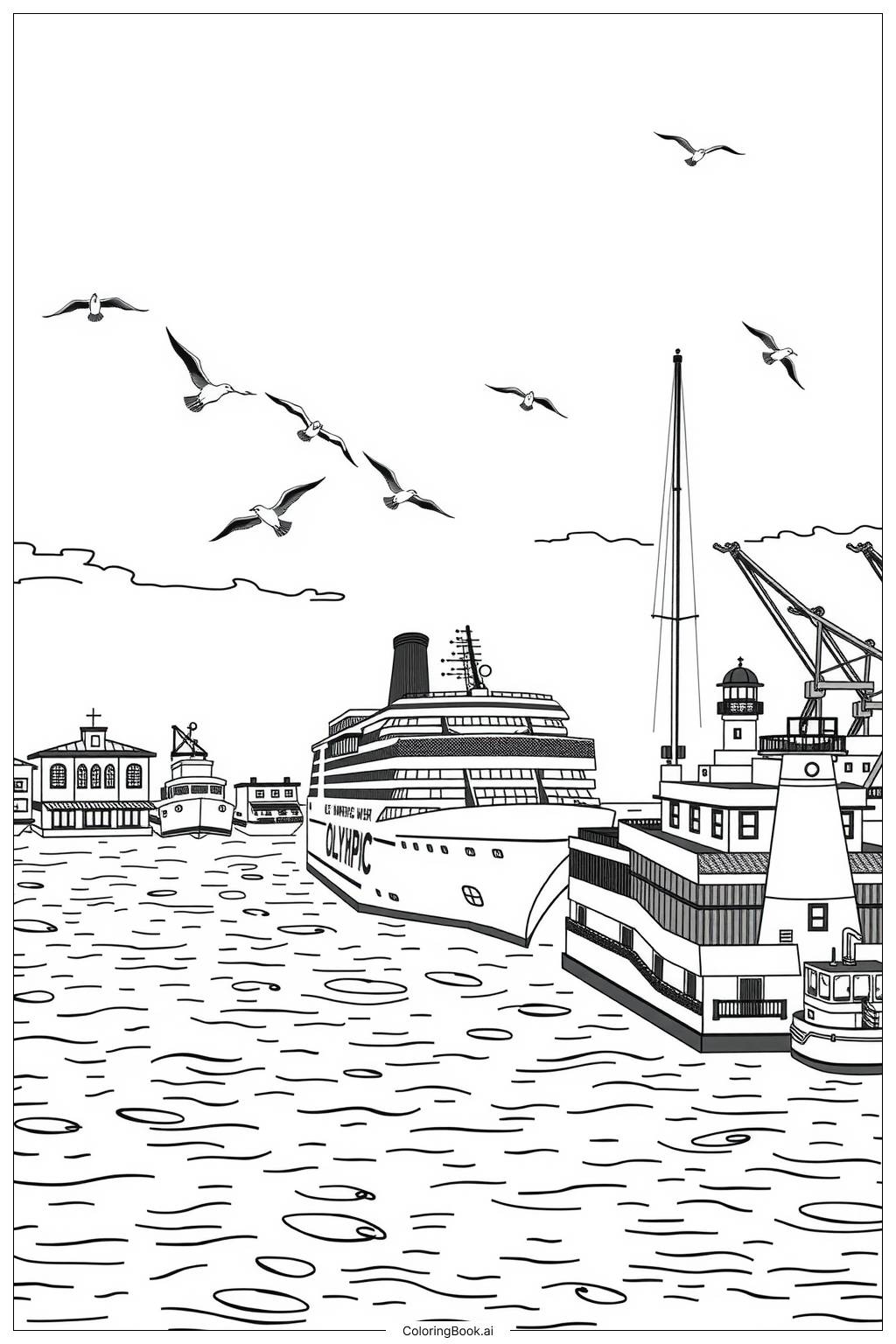  Page de coloriage Navire Olympique Amarré au Port 