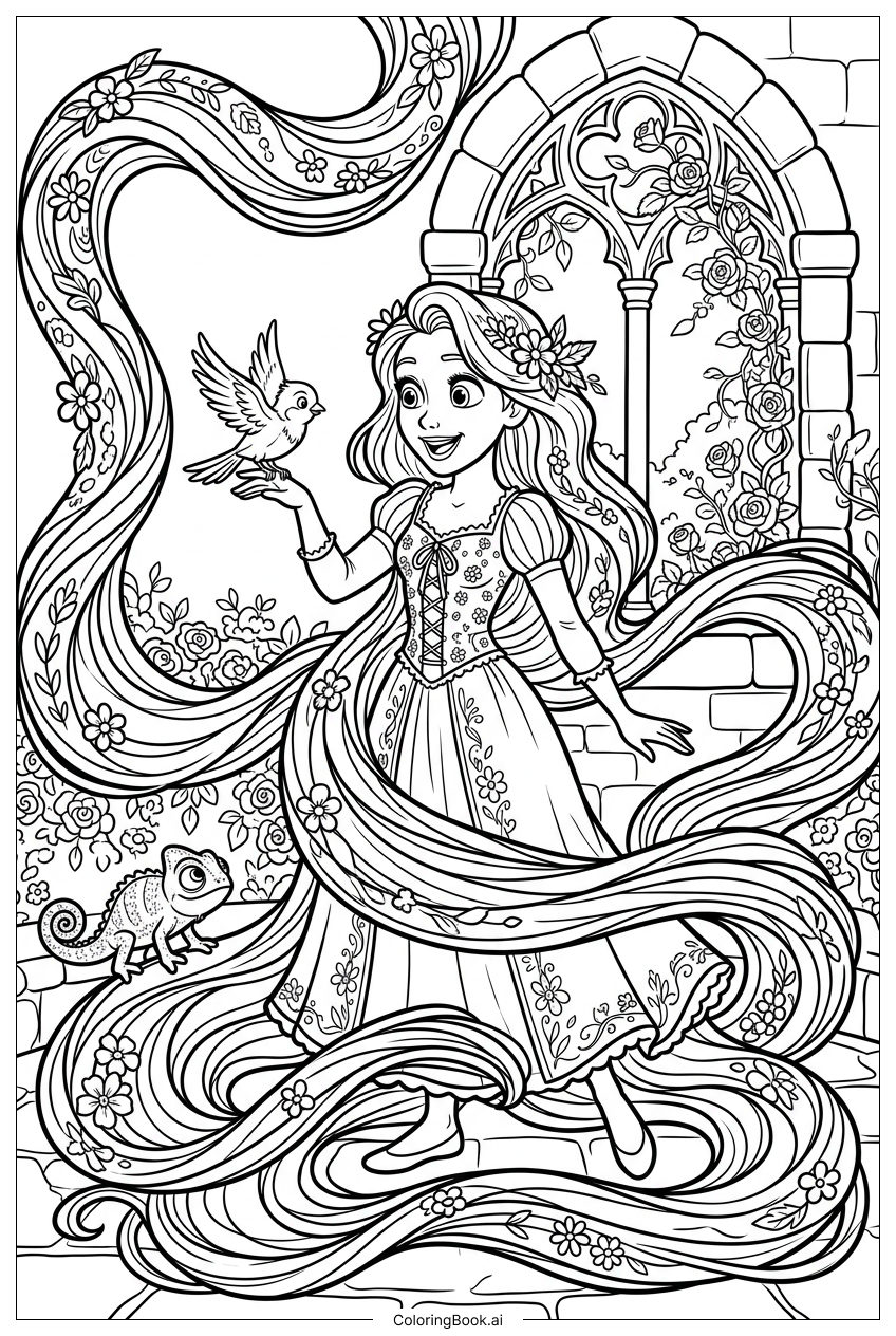  花咲く中庭で小鳥に挨拶するディズニープリンセスの塗り絵ページ 