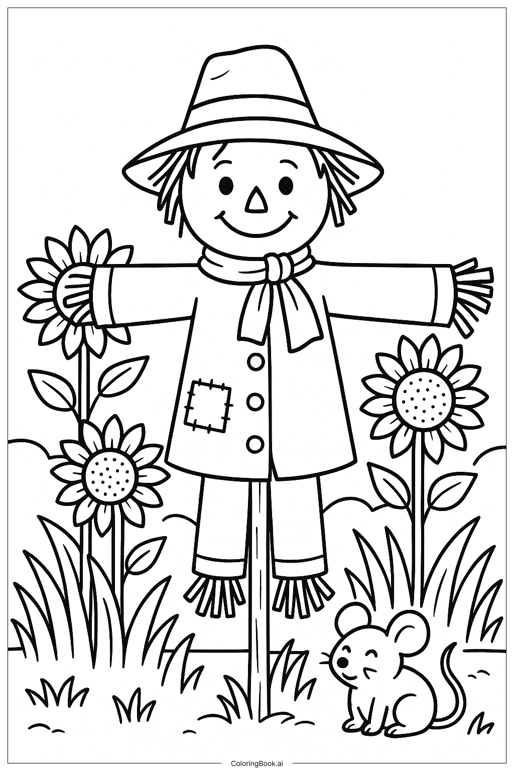 Scarecrow And A Friendly Field Mouse Coloring Page