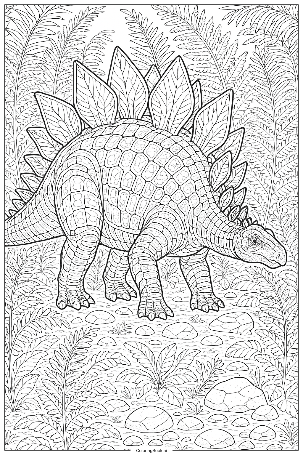 Detaillierter Stegosaurus in einem Farnental Ausmalseite
