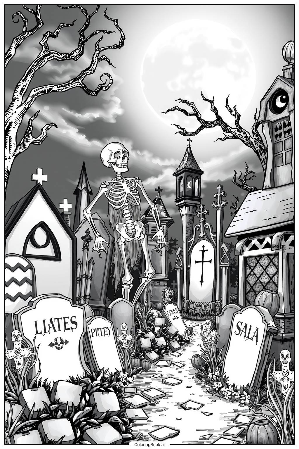  Skelett Halloween Friedhof Ausmalseite 