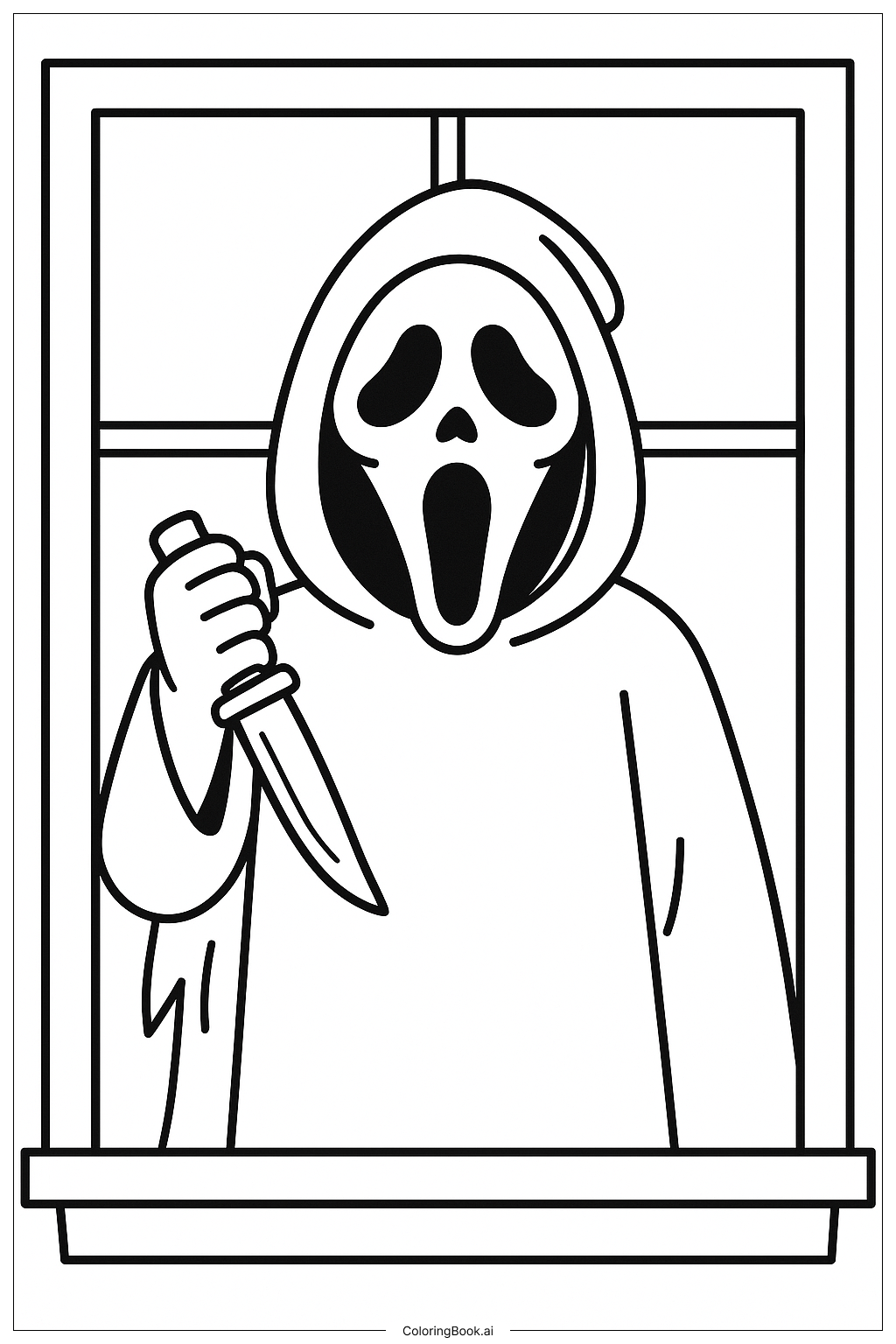  Página para colorear de Ghostface apareciendo en un marco de ventana 