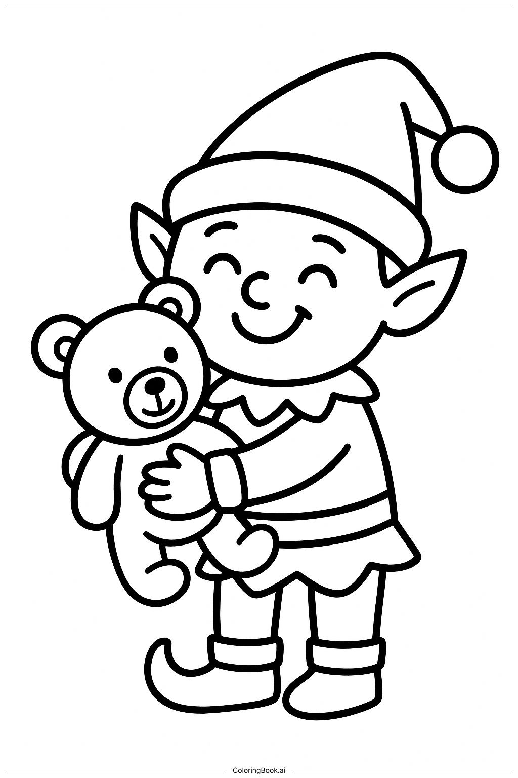  Página para colorir de Elfo Abraçando um Ursinho de Pelúcia 