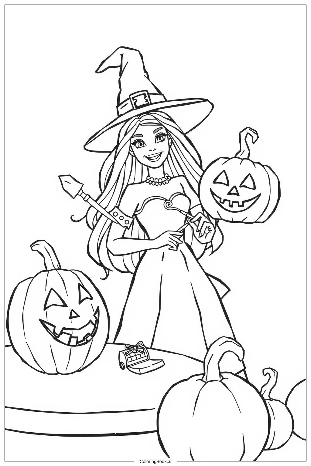  Page de coloriage décoration de citrouille d'Halloween de Barbie 