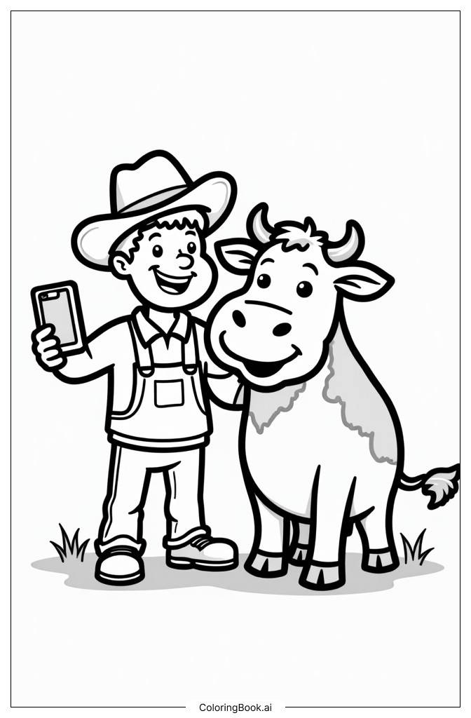  Página para colorir de Vaca fofa tirando uma selfie com o fazendeiro 