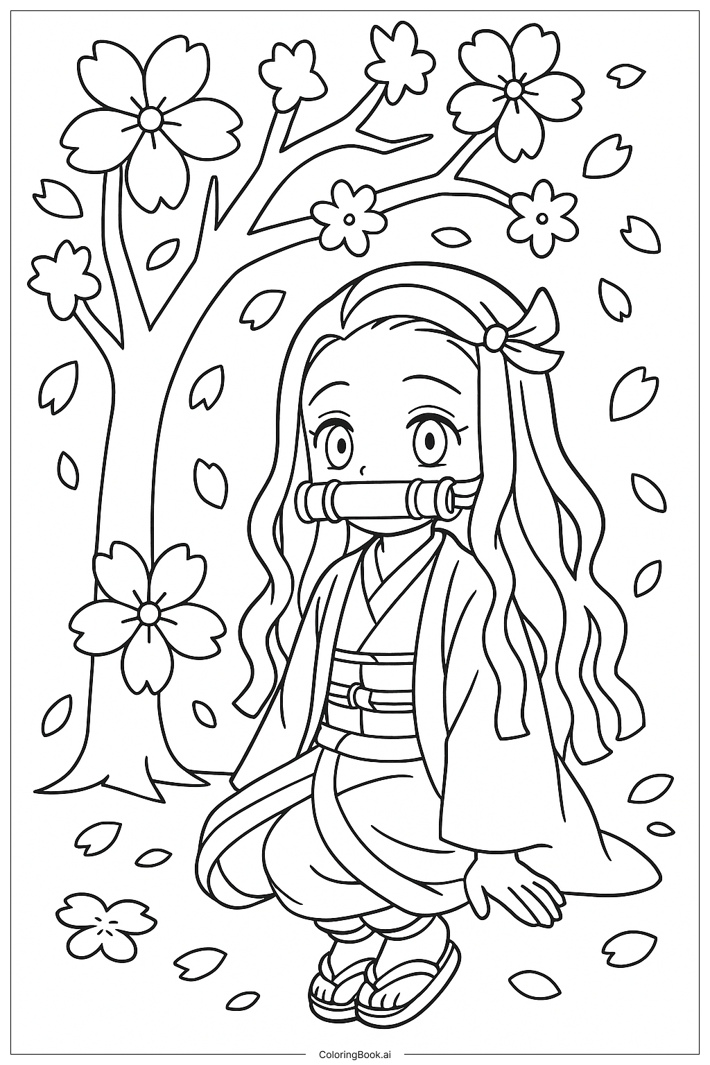 Nezuko Sentada Bajo un Árbol de Cerezos en Flor