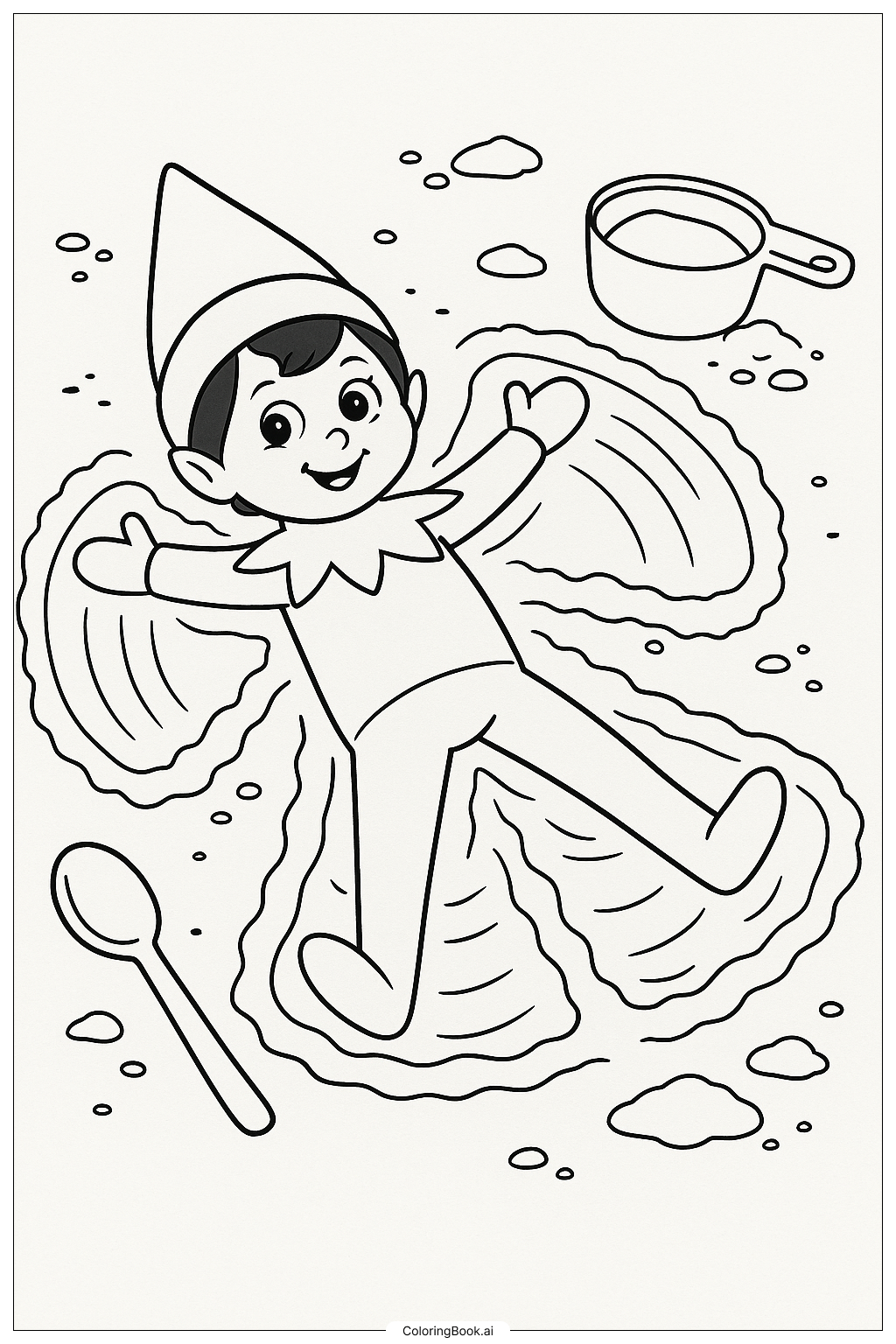  Página para colorir de Duende Na Prateleira Fazendo um Anjo de Neve na Farinha 