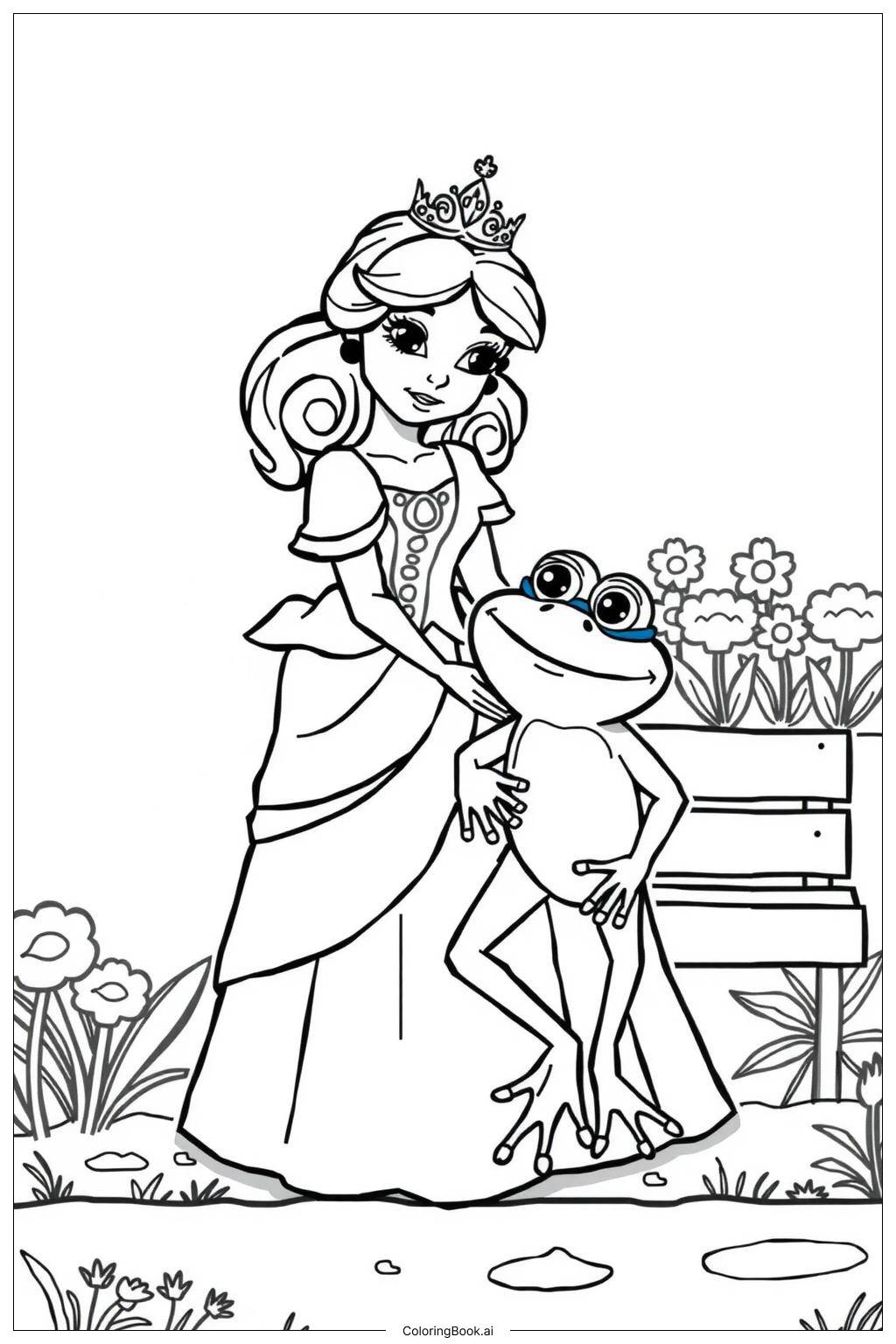  Page de coloriage Princesse et la Grenouille dans un Jardin 