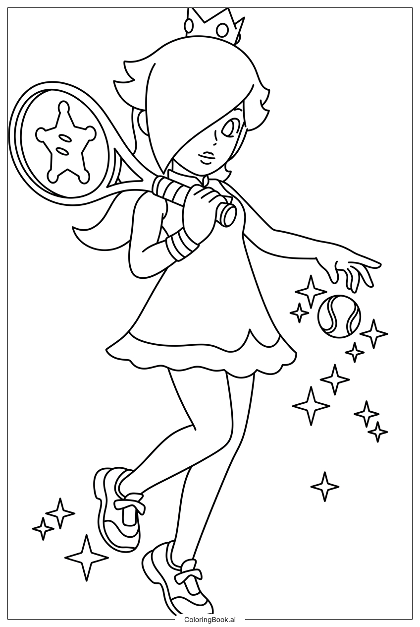  スパークル付きの魔法のテニスボールをサーブするロゼリンナの塗り絵ページ 