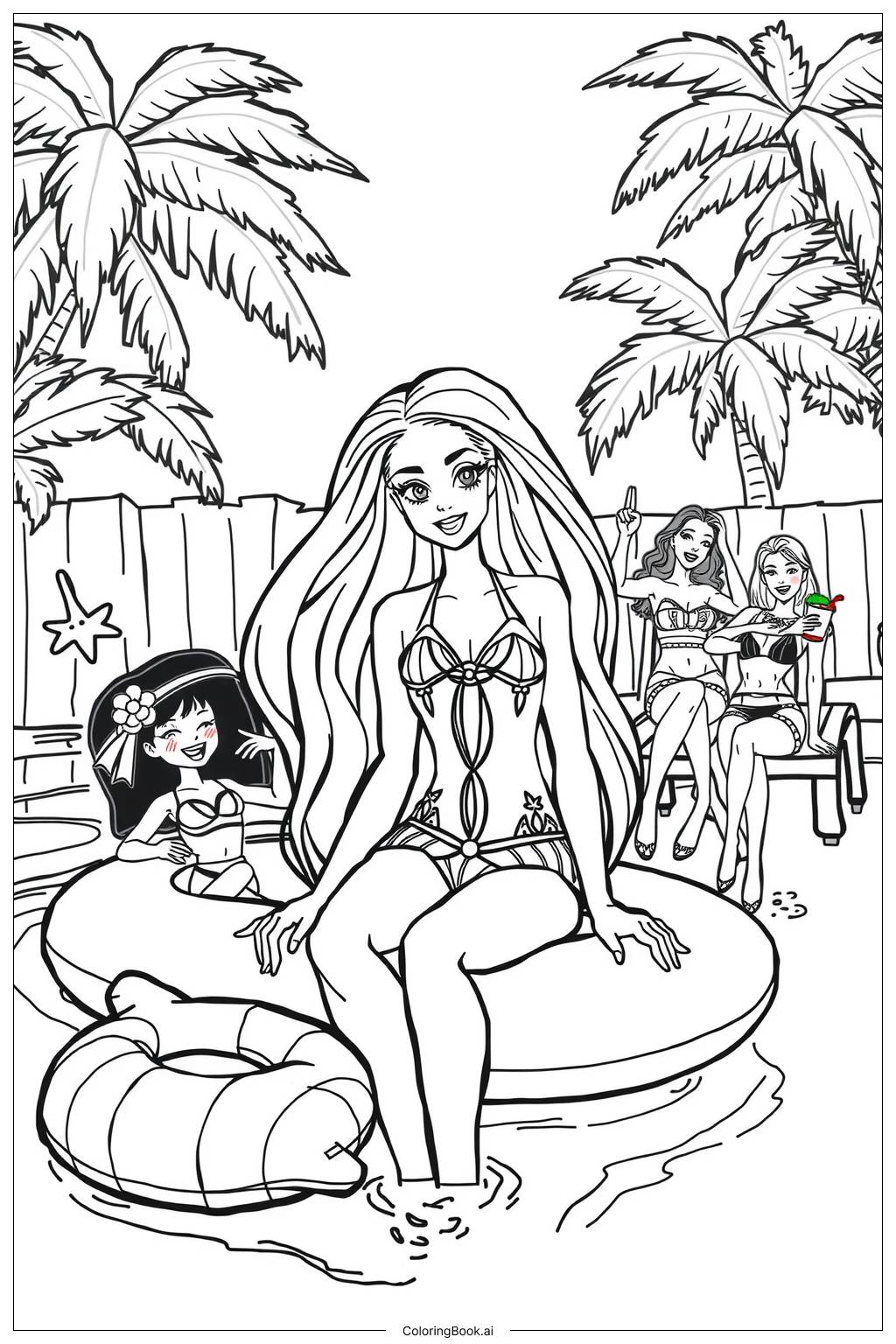  Página para colorear de fiesta en la piscina de la casa de Barbie en Malibu 