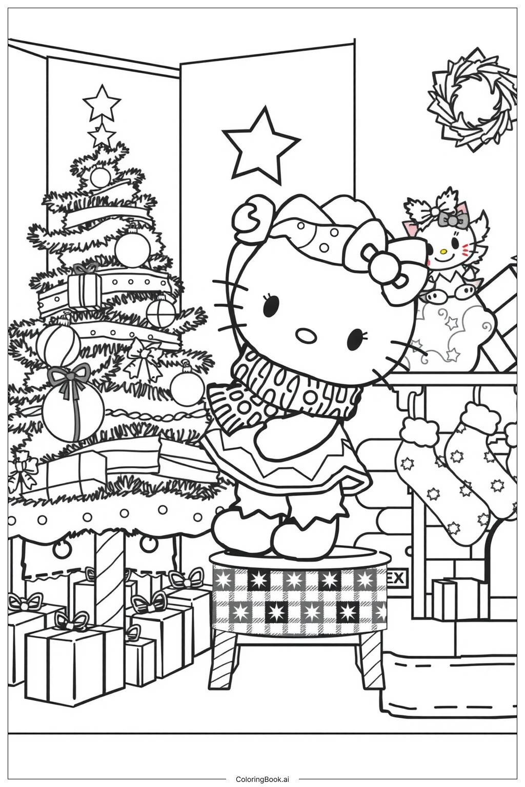  Página para colorir de hello kitty decorando uma árvore de natal-2 