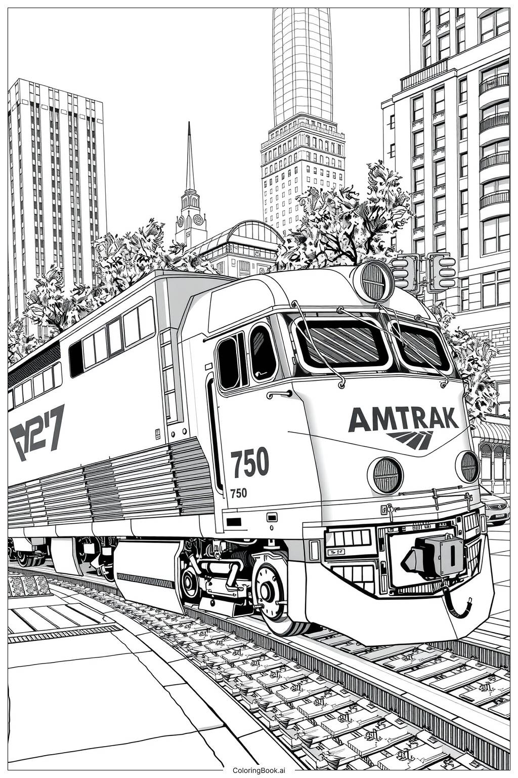  Página para colorir de trem amtrak passando por uma cidade 