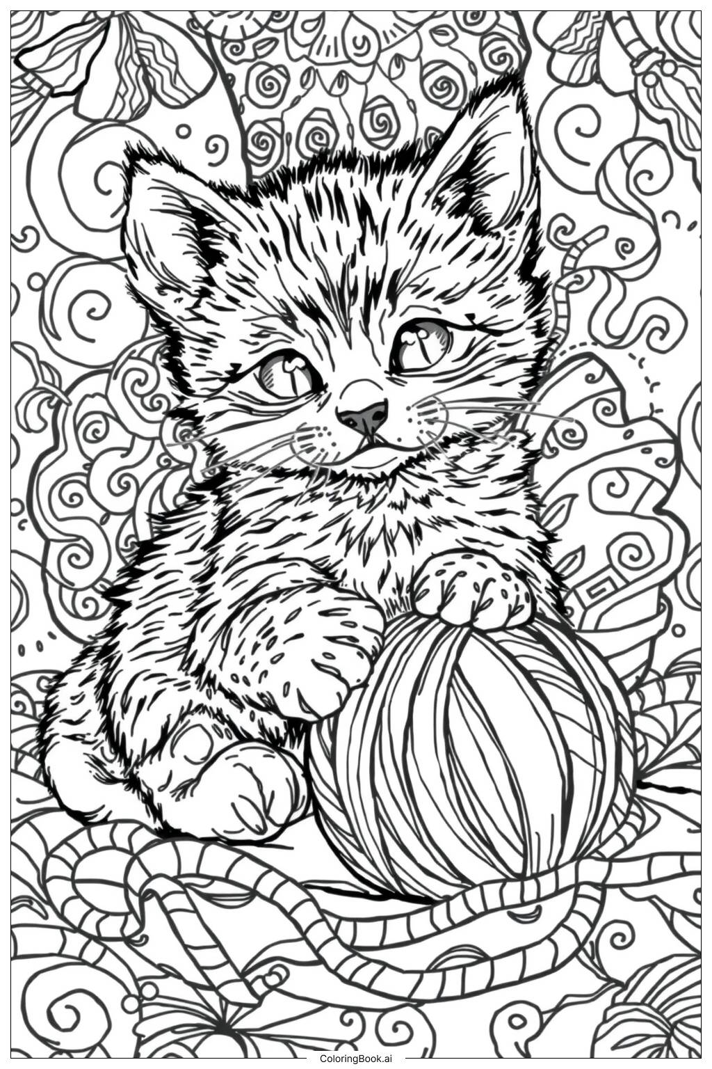  Page de coloriage Chaton avec une pelote de laine colorée 