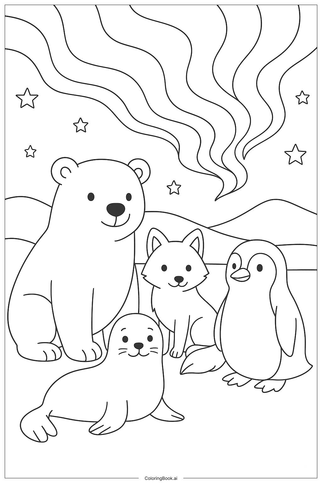 詳細なオーロラの下の北極動物