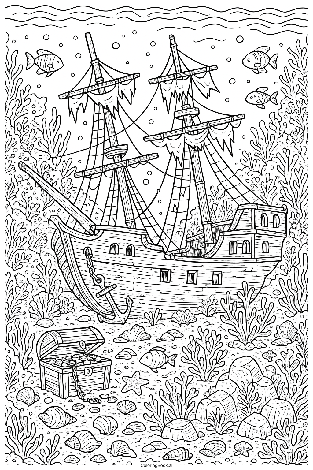 Detailliertes versunkenes Piratenschiff unter dem Meer Ausmalseite