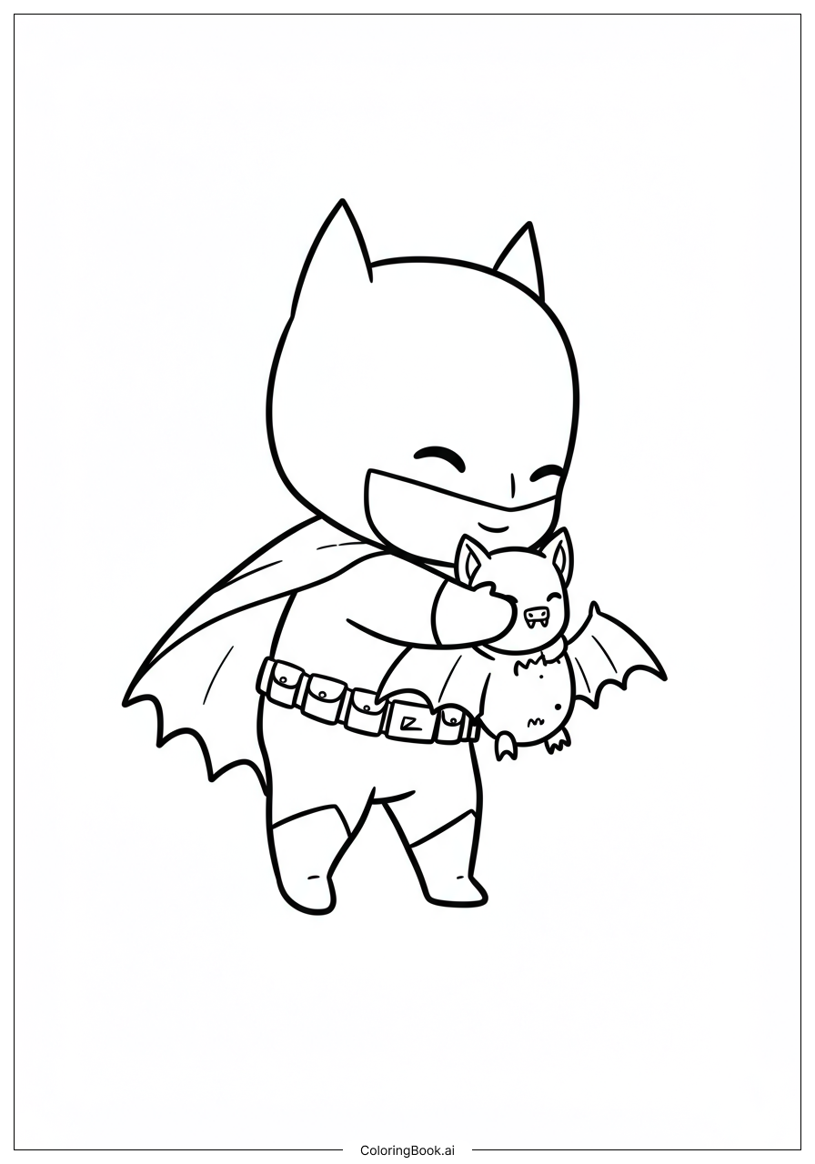  Page de coloriage Mignon Bébé Batman Étreignant une Chauve-Souris en Peluche 