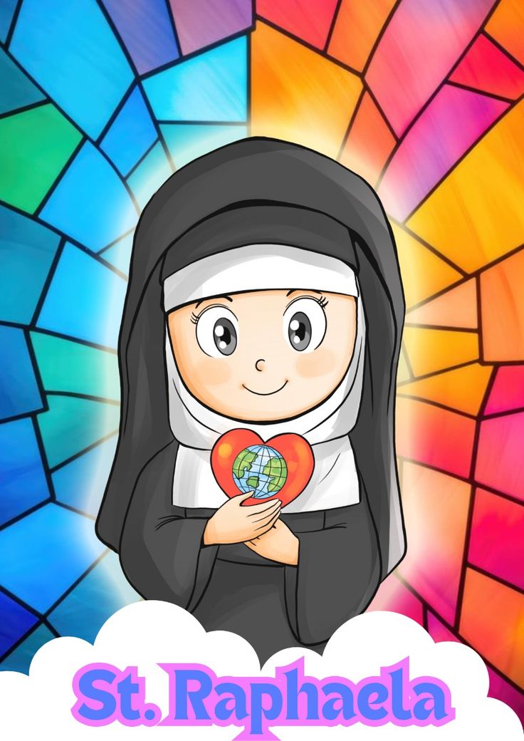 Farbige Illustration von St. Raphaela mit einer herzlichen Botschaft für Kinder zum Ausmalen
