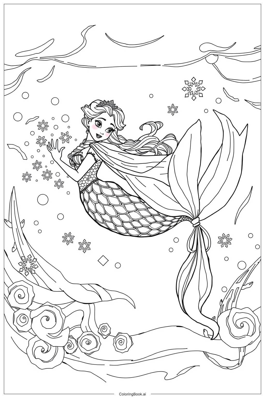  Page de coloriage Elsa Sirène Natation 