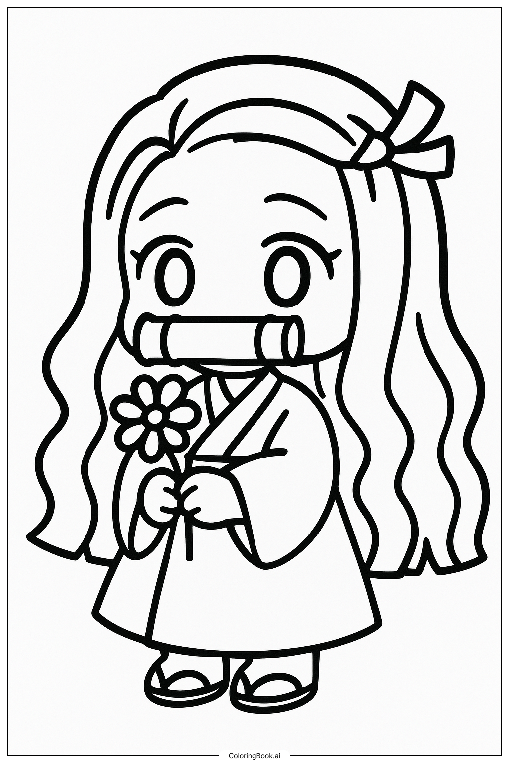  Página para colorear de Chibi Nezuko con una flor 