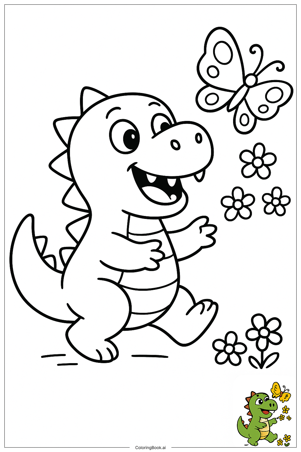  Page de coloriage Dinosaur poursuivant un papillon 